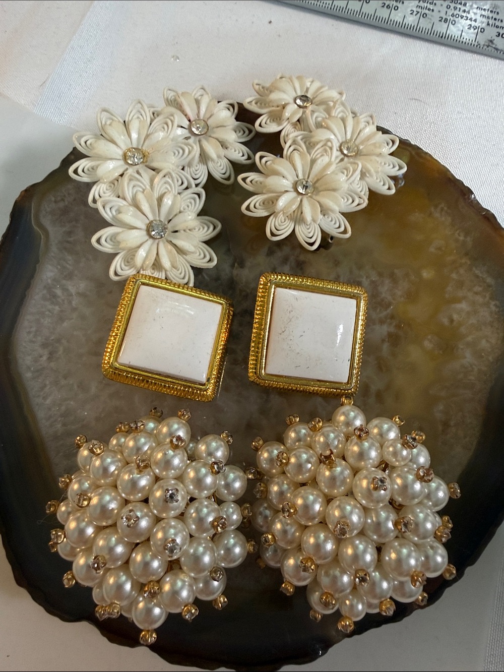 3 Bundle vintage faux Pearl Cluster Earrings & square earrings Guc
